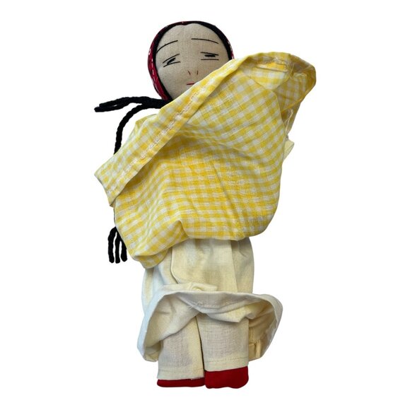 Vintage 1970s–80s Folk Art Cloth Doll with Baby – 13" Handmade Fabric Doll in Ye - Picture 5 of 5